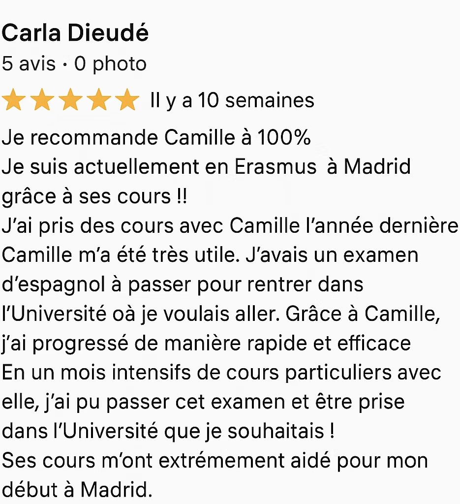 Avis 5 étoiles de Carla – cours d'espagnol à l'École Blabla Latina
