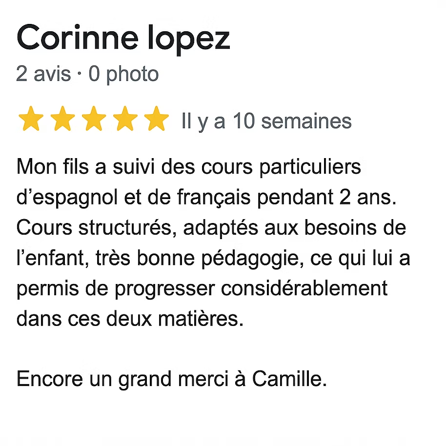 Avis 5 étoiles de Corrinne – cours de français FLE à l'École Blabla Latina