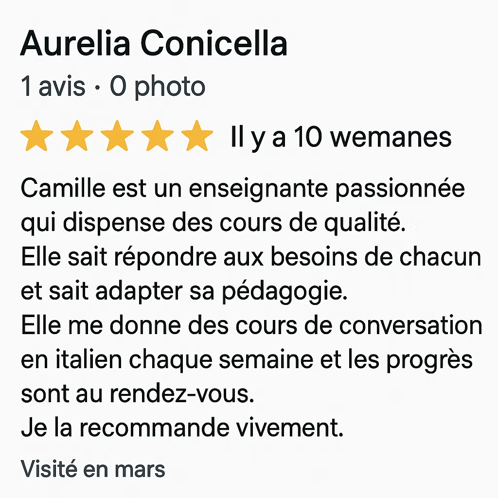 Avis 5 étoiles d'Aurélia – cours d'italien à l'École Blabla Latina
