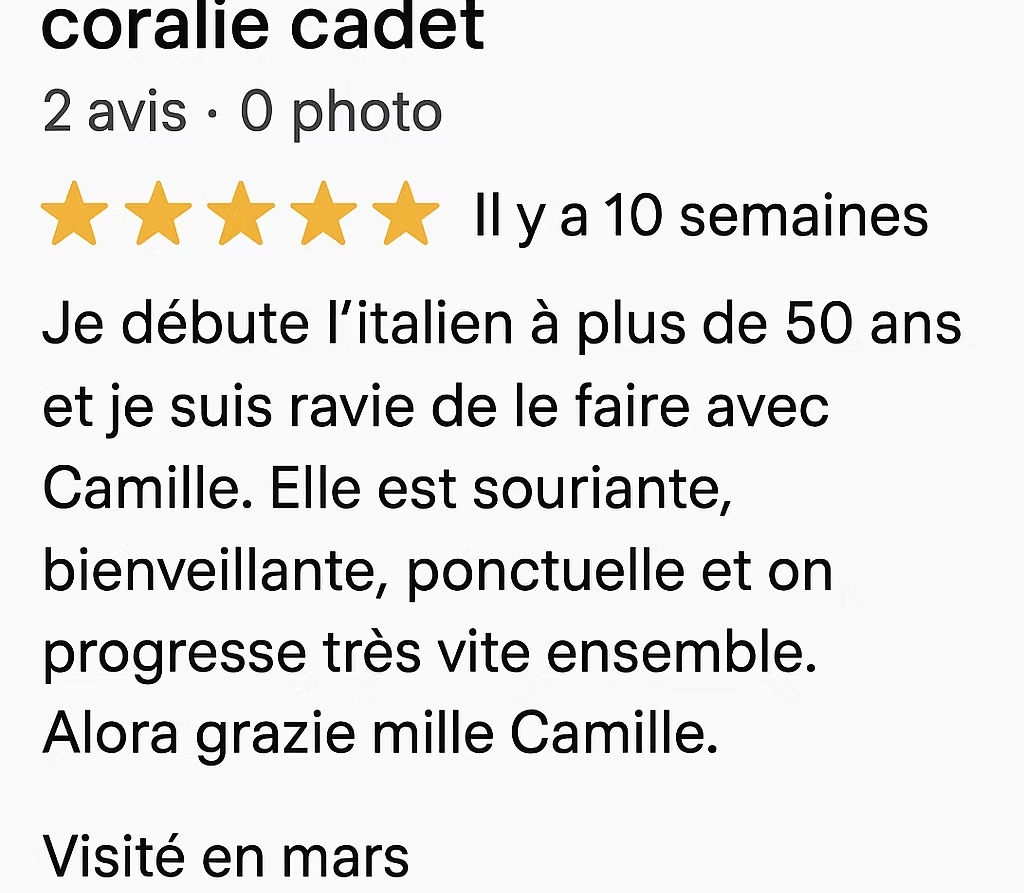 Avis 5 étoiles de Coralie – cours d'italien à l'École Blabla Latina