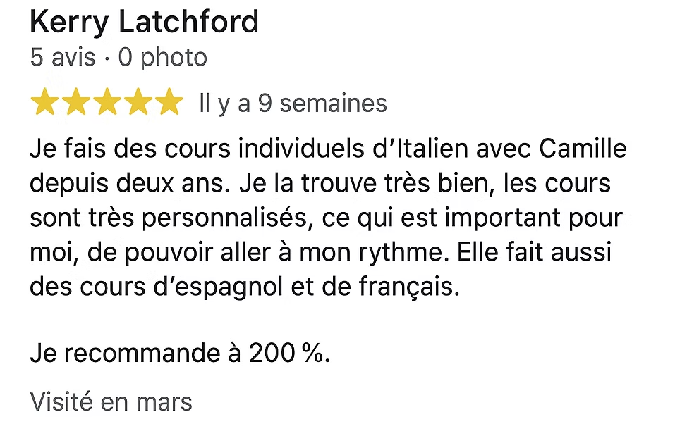 Avis 5 étoiles de Kerry – cours d'italien à l'École Blabla Latina