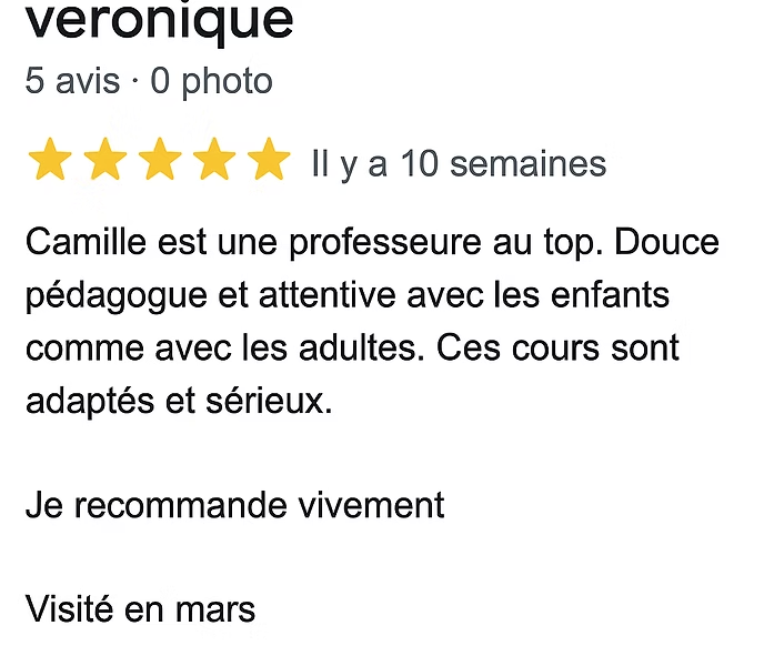 Avis 5 étoiles de Véronique – École Blabla Latina Pézenas
